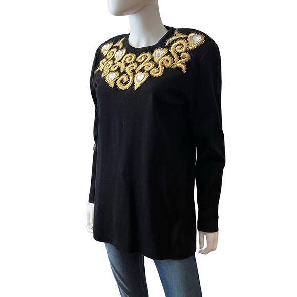 Vintage 1980s Outlander Black Gold Jeweled Heart Embroidered Sweater, L NWT - Picture 4 of 7